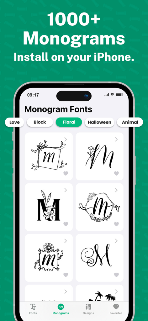Interfaccia dell'app mobile che mostra vari design di font per monogrammi floreali per progetti fai-da-te.