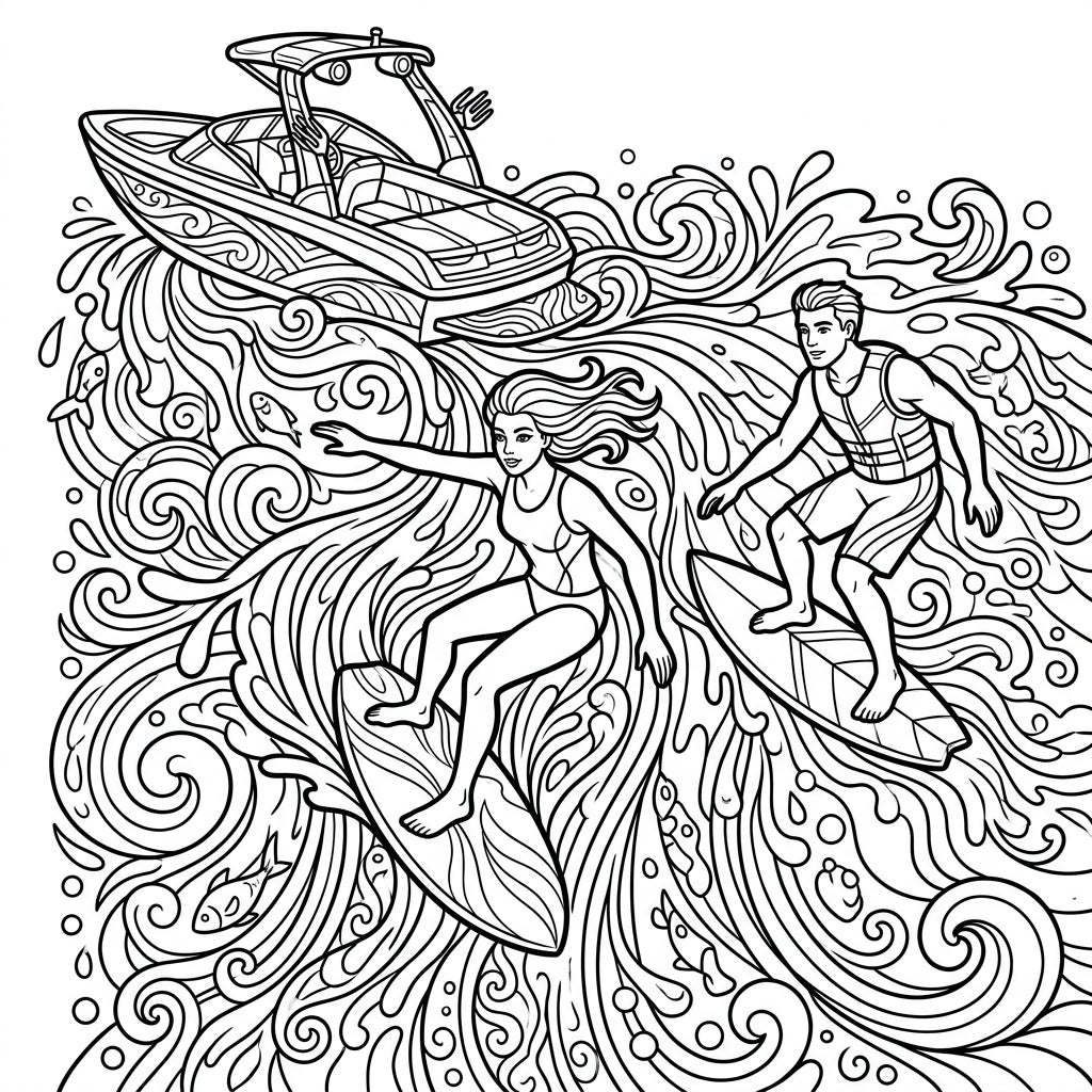 Wakesurfers Coloring Page - Free Printable Adult Design — Color Pop