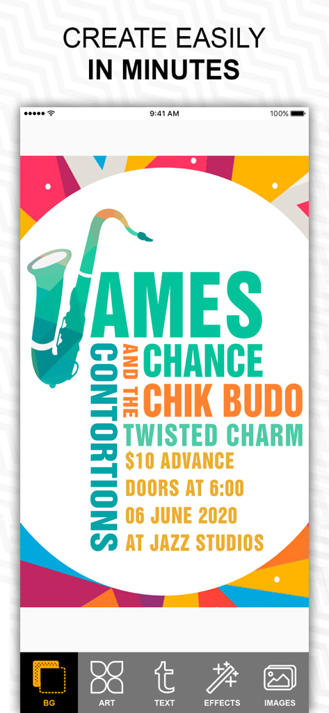 Fab Poster Maker Flyer Designs - Interfaz de la aplicación móvil Fab Poster Maker que muestra el diseño de un folleto colorido para un concierto de jazz con herramientas de edición en la parte inferior.