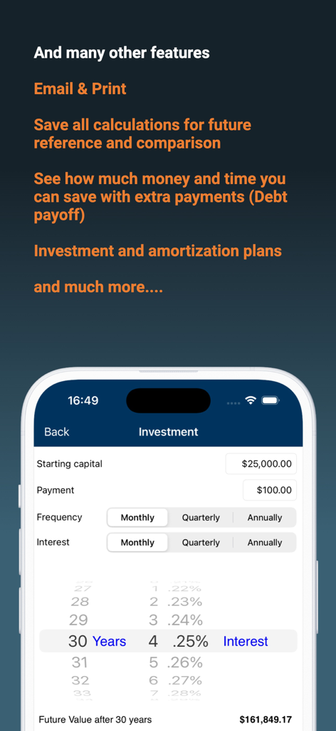 Mortgage + Investment Pro - Investment calculator interface in the Mortgage and Investment Pro app showing future value projections and key features list