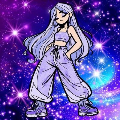 girl in baggy pants crop top and long hair