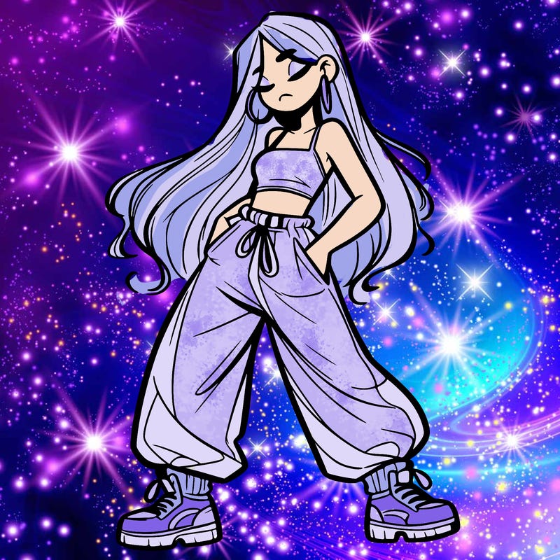 girl in baggy pants crop top and long hair