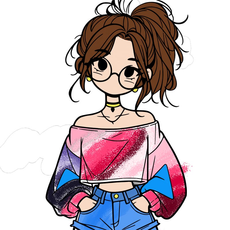 girl with a messy ponytail glasses a baggy crop top and jean shorts