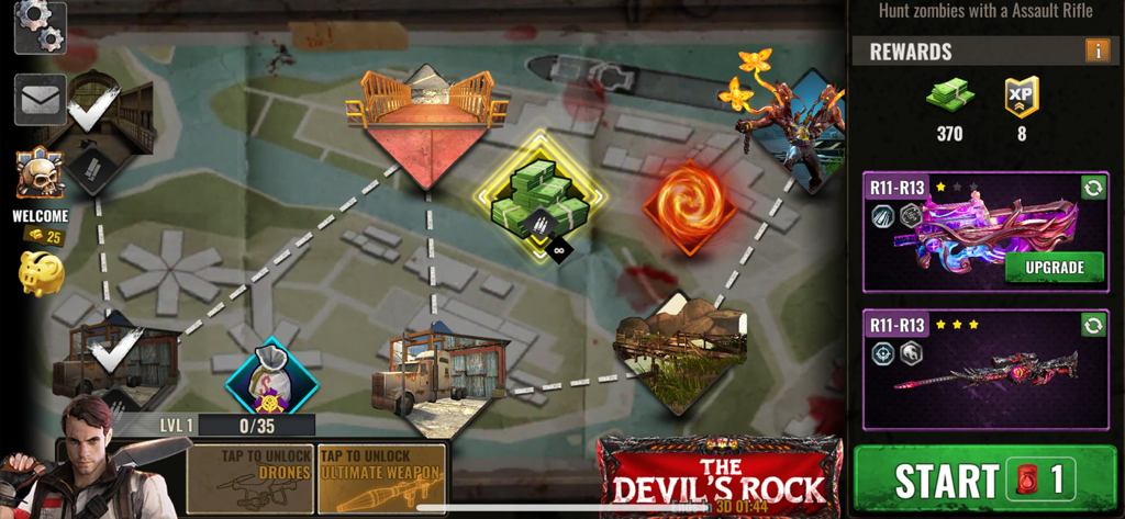 Mapa de selección de nivel e interfaz de configuración de armas en Zombie Hunt Apocalypse Games