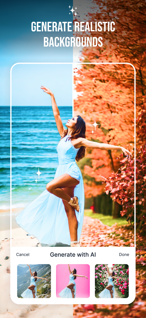 Magic Studio - AI Photo Editor - Una donna in abito blu mostrata con diversi sfondi generati dall'AI, inclusa una spiaggia e una foresta autunnale