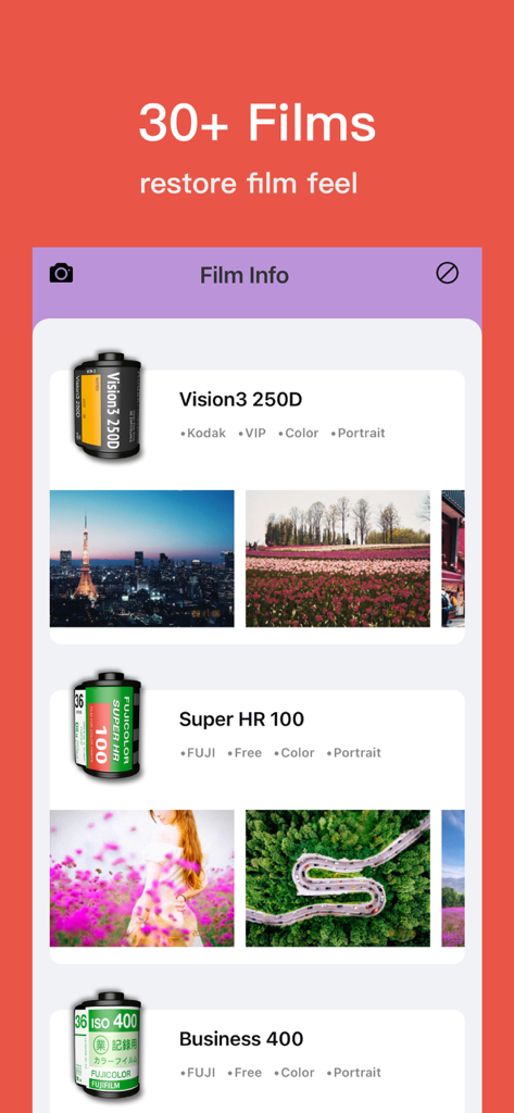 RCam Pro - Manual Camera & RAW - Interface of RCam Pro showing vintage film stock filters including Kodak Vision3 and Fuji Super HR