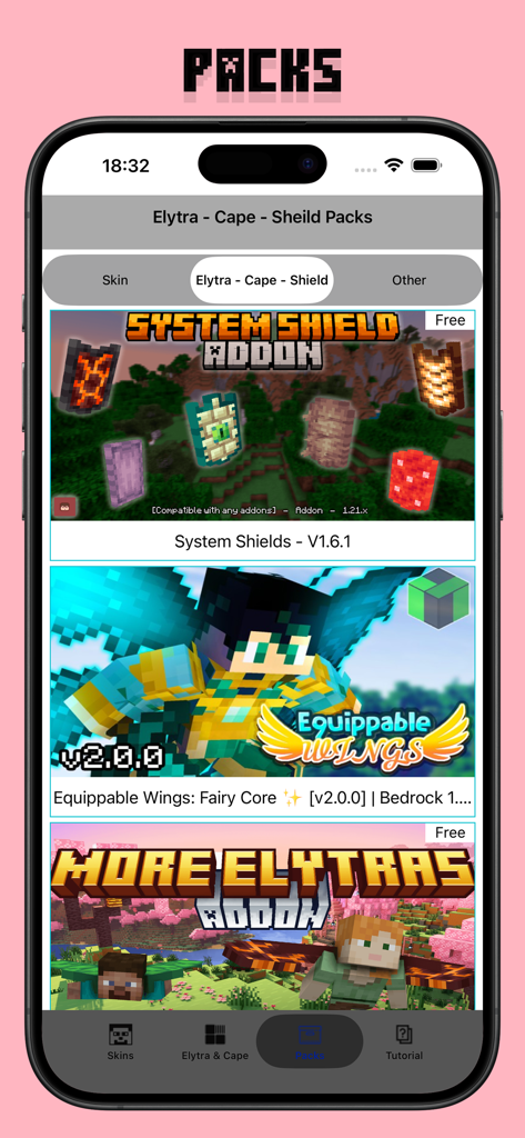 Skins for Minecraft - Skinseed - Screenshot of the Packs menu in the Skinseed app showing custom Minecraft shields and elytra addons