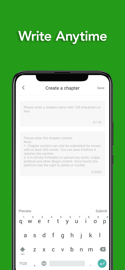 FameInk - Écran mobile montrant l'interface de l'application FameInk pour créer un chapitre d'histoire avec le texte Écrire à tout moment