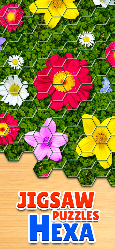 Um quebra-cabeça hexagonal apresentando uma imagem vibrante de um jardim florido sendo montado