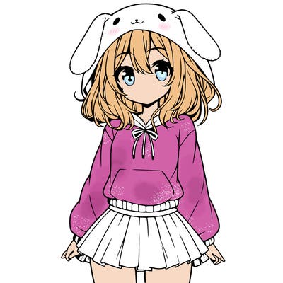 pretty anime girl wearing a fluffy hoodie with bunny ears on the hood and a skirt