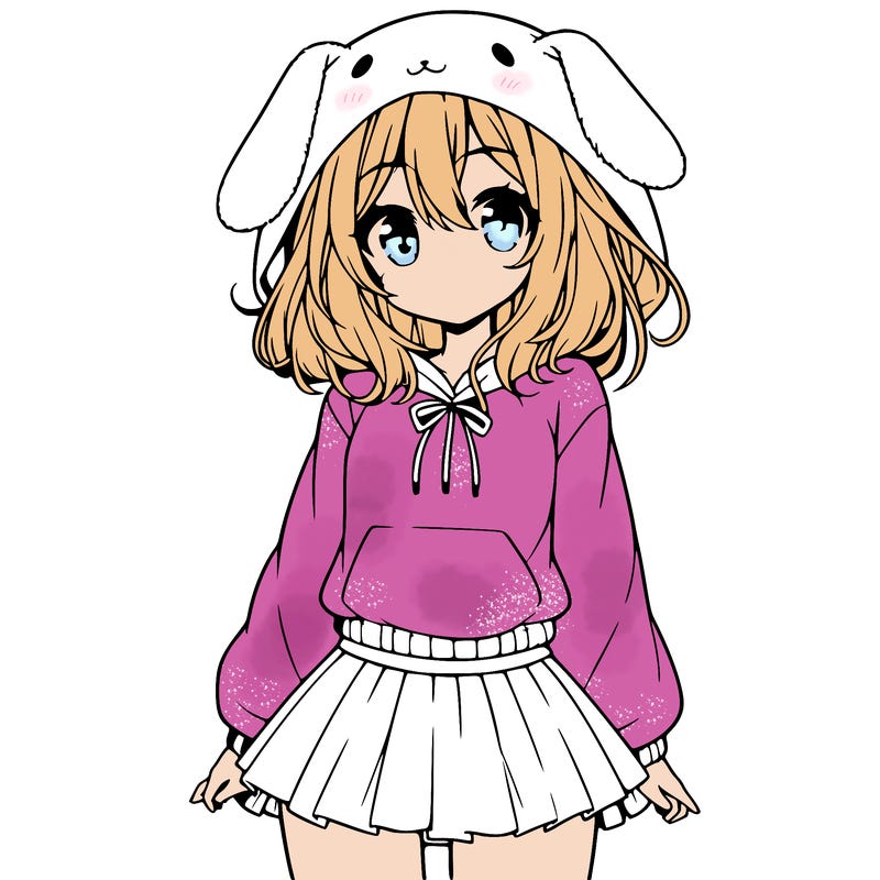 pretty anime girl wearing a fluffy hoodie with bunny ears on the hood and a skirt