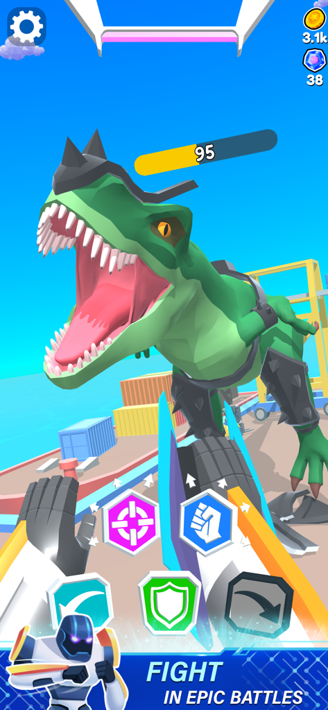 Perspectiva en primera persona de un robot luchando contra un dinosaurio blindado gigante en una arena portuaria.