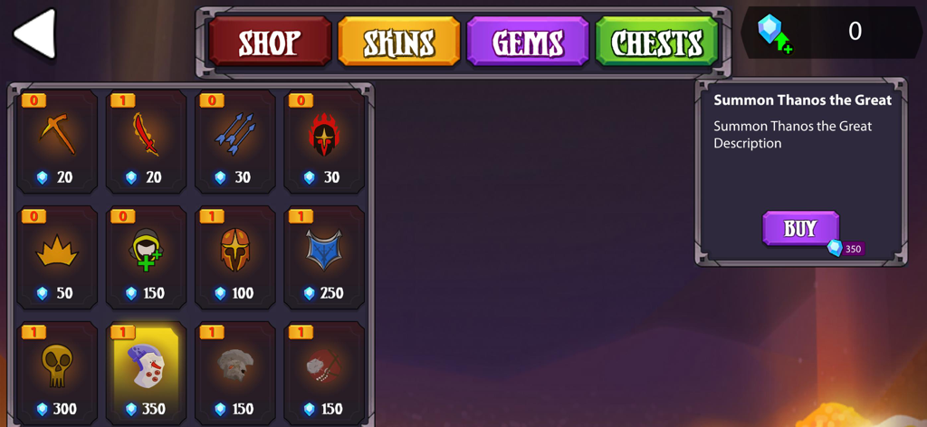 Stick Legions: Giant War - Stick Legions Giant War game shop interface showing character skins and items for purchase with gems