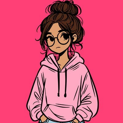 teen girl with a messy bun and glasses wearing a loose hoodie and jeans