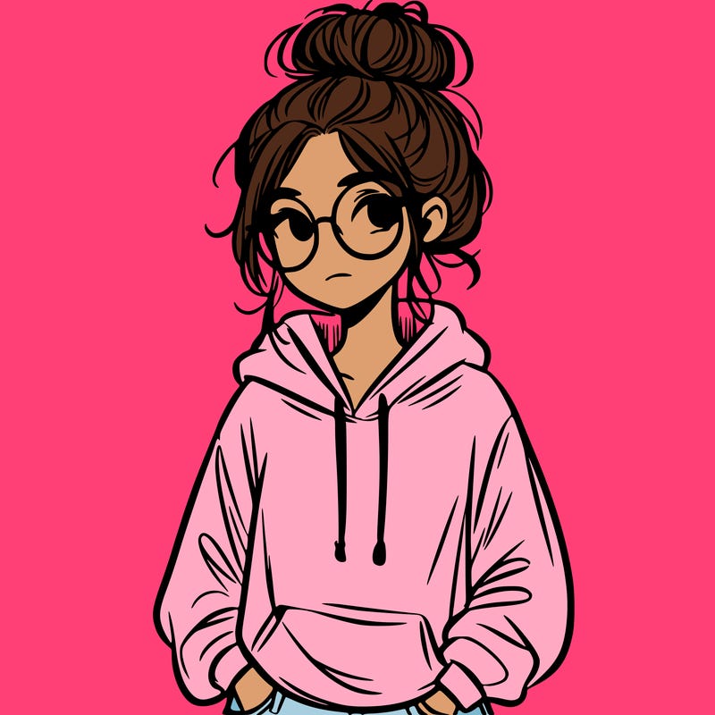 teen girl with a messy bun and glasses wearing a loose hoodie and jeans