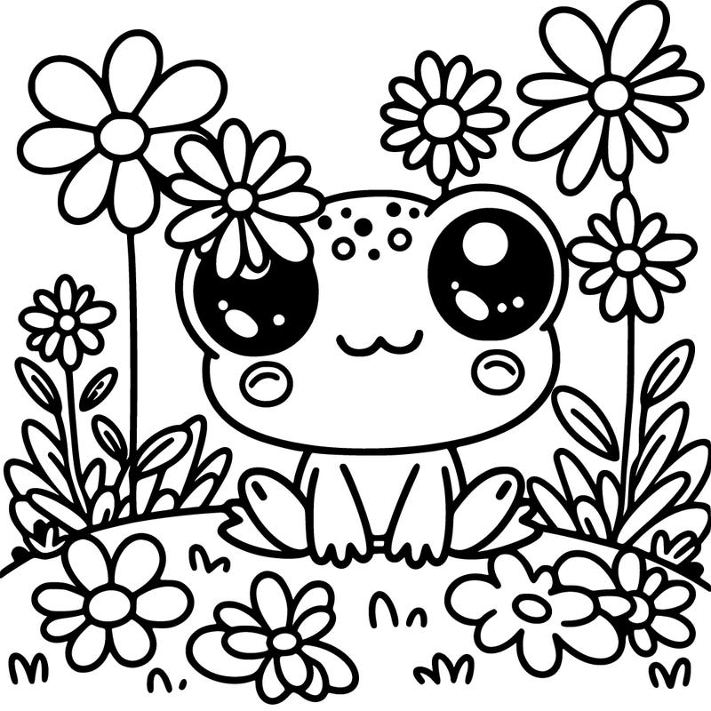 kawaii frog around daisies with a daisy in the ear
