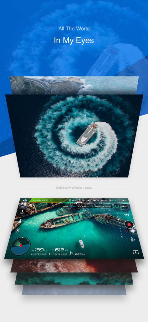 DJI GO 4 app interface showing real time drone flight data and aerial camera views