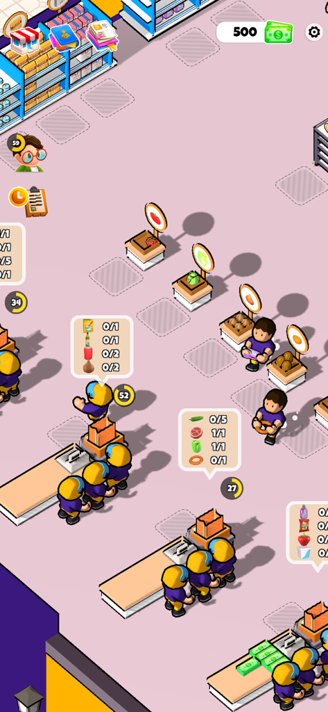 My Delivery Mart - Isometric gameplay view showing workers packing grocery orders at checkout counters in My Delivery Mart