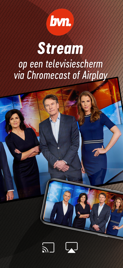 BVN Live app promotional screen showing Dutch television streaming to a TV via Chromecast and AirPlay