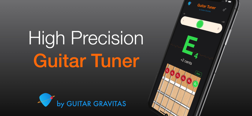 Interface of the High Precision Guitar Tuner app by Guitar Gravitas showing the tuning screen on a smartphone.