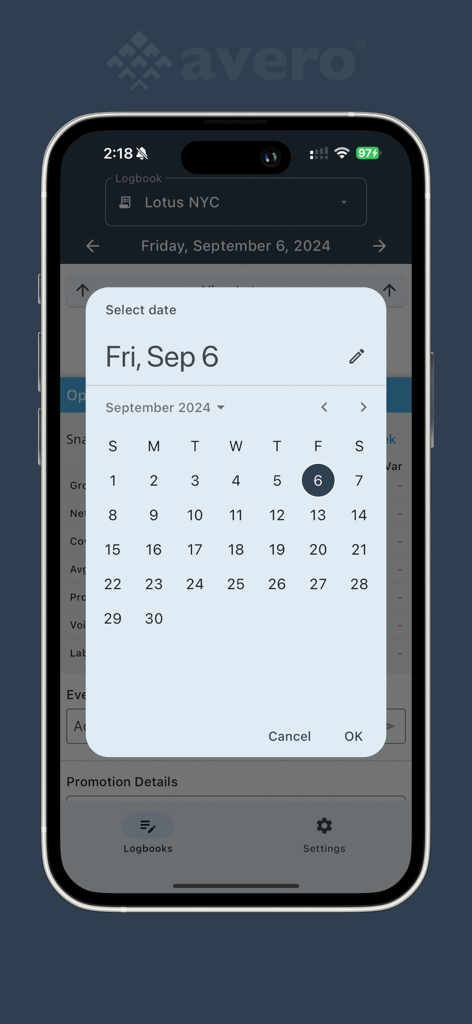 Avero Logbook app showing a date selection calendar for hospitality managers