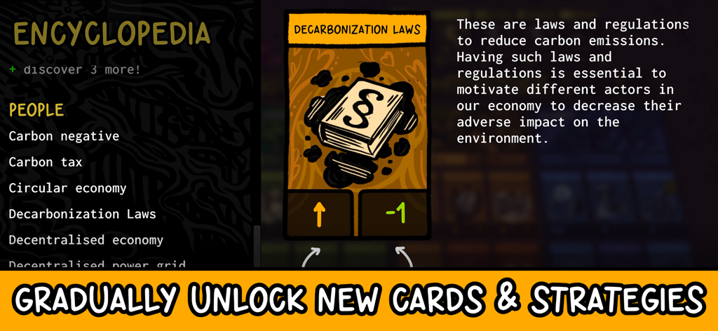 Beecarbonize - Beecarbonize game screenshot showing the encyclopedia menu with a list of unlocked strategy cards like Decarbonization Laws