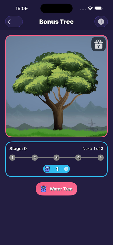 성장 단계와 물 나무 버튼을 보여주는 녹색 나무를 보여주는 Ragdoll Mods의 보너스 트리 기능 인터페이스