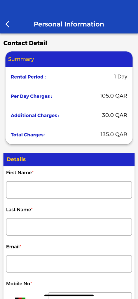 Rent Solutions app screen displaying a rental cost summary and contact information form
