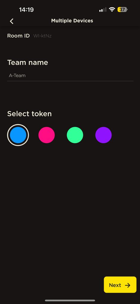 SaidInSeconds multiplayer team setup screen with team name input and color token selection