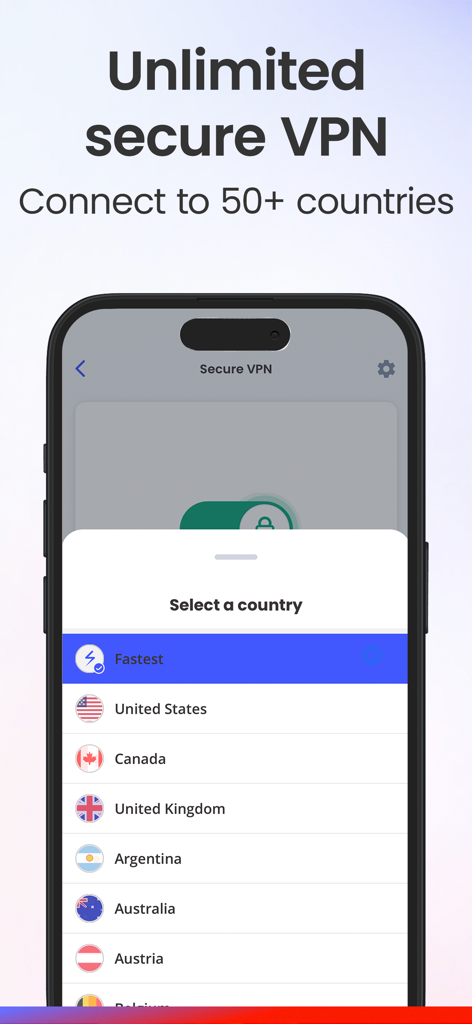L'interface de l'application McAfee Security affiche une liste de pays pour une connexion VPN sécurisée.