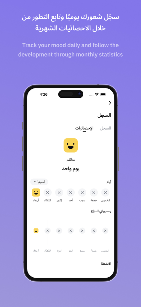 نفس - Nafas - Interface du suivi d'humeur de l'application Nafas pour enregistrer les sentiments quotidiens et afficher les statistiques de progression mensuelle.