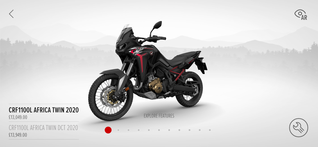 Un modelo 3D de una motocicleta Honda CRF1100L Africa Twin en la interfaz de la aplicación
