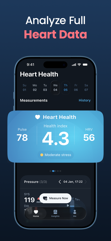 Heartica app interface displaying heart health metrics including pulse, health index, heart rate variability, and stress level indicator.