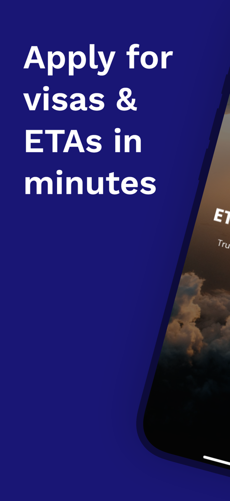 UK ETA Visa Services - Pantalla promocional de la aplicación UK ETA Visa Services con el texto Solicite visas y ETAs en minutos
