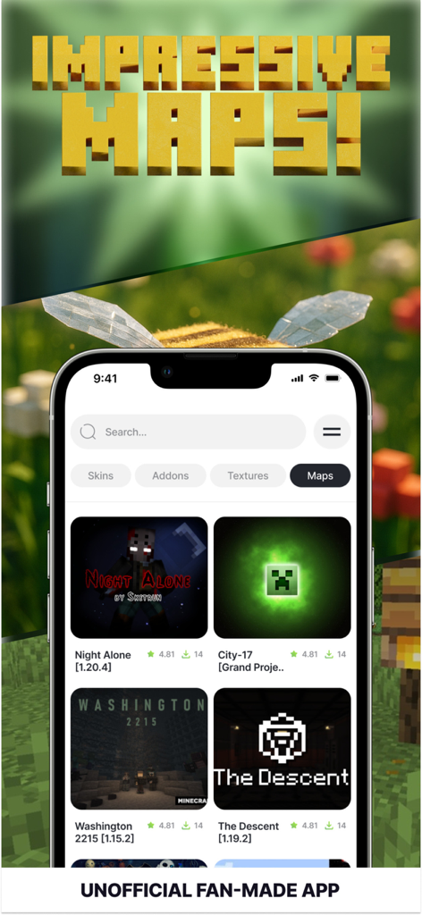 A mobile app interface displaying a selection of custom Minecraft maps including Night Alone and The Descent.