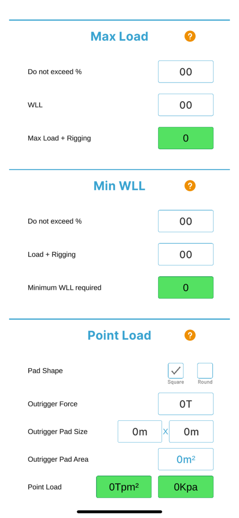 Crangle - Crangle mobile app interface showing calculators for maximum load and point load for crane rigging