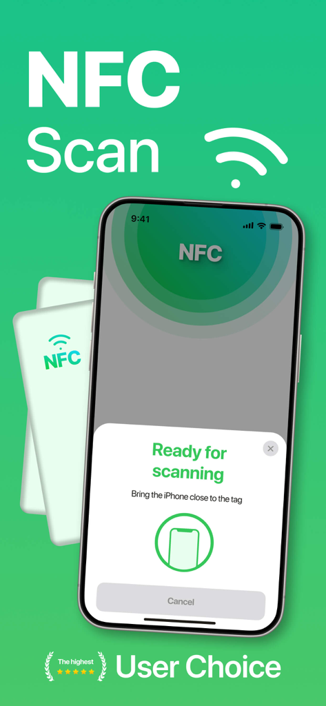 NFC 리더 및 스캐너 앱의 iPhone 인터페이스에 스캔 준비 프롬프트 표시