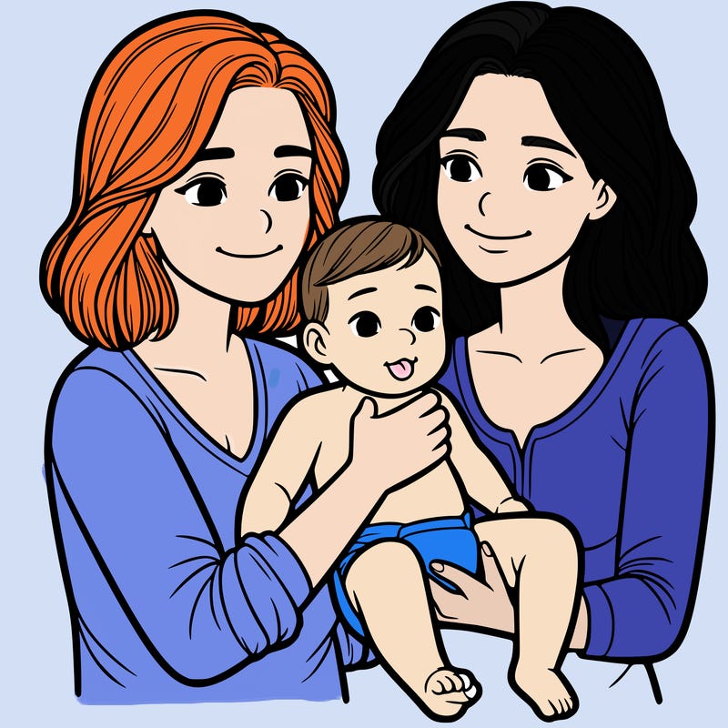 two realistic women holding one baby together