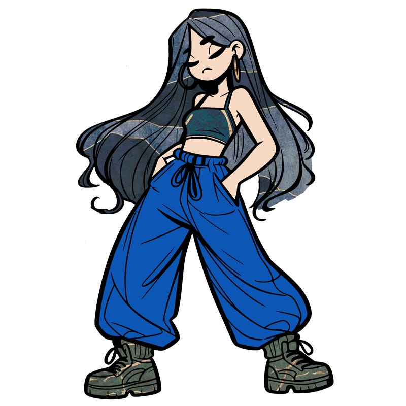 girl in baggy pants crop top and long hair