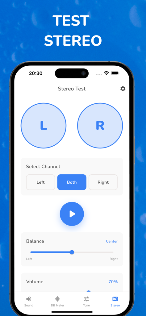Clean Water: Clear Water Eject - Stereo test interface in the Clear Water Eject app for iPhone.