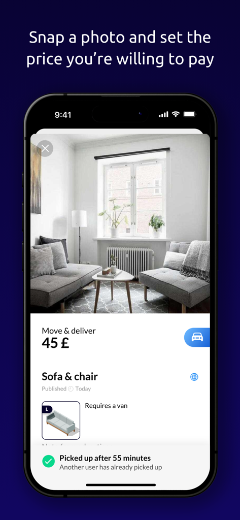 Tiptapp: Moves & Disposals - Tiptapp app screenshot showing a furniture move and delivery request with a custom price