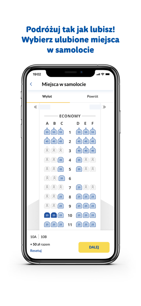 Rainbow: Wakacje & Wycieczki - Airplane seat selection screen in the Rainbow travel app showing a seating map and prices in Polish Zloty