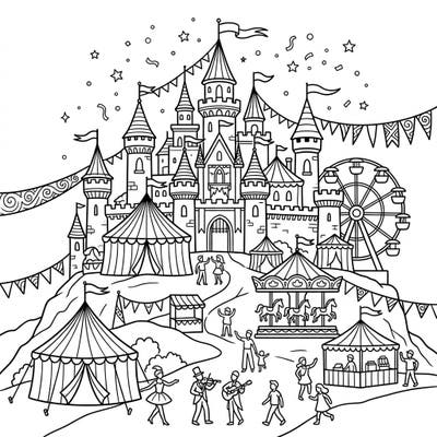 Step into a world of medieval wonder and festive fun with this unique Hilltop Castle Carnival coloring page. Imagine vibrant colors transforming this majestic fortress into a lively fairground scene, perfect for all ages to enjoy.