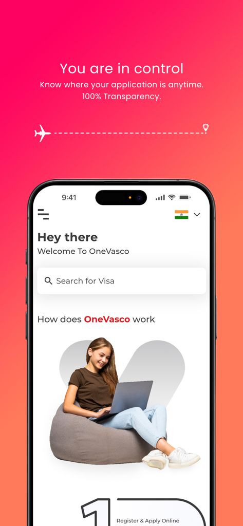 OneVasco – Online Visa Service - Écran d'accueil de l'application mobile OneVasco montrant le suivi des demandes de visa et la fonction de recherche