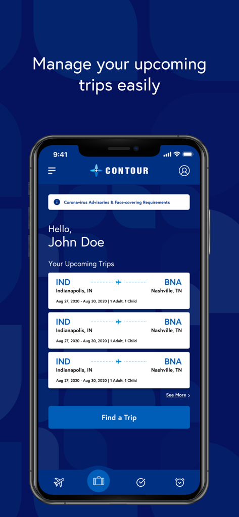 Contour Airlines - Contour Airlines mobile app screen showing upcoming flight trips from Indianapolis to Nashville
