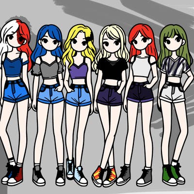 a group of girls wearing crop tops and shorts