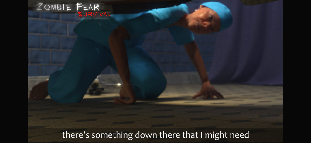 A character in blue hospital scrubs crawling on the floor in a dark psychiatric hospital setting
