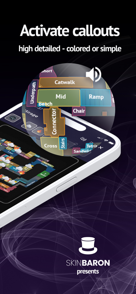 Smoke Baron - CS2 Nade Guide - Interface de l'application Smoke Baron montrant des appels de carte Counter-Strike 2 détaillés et des noms d'emplacements