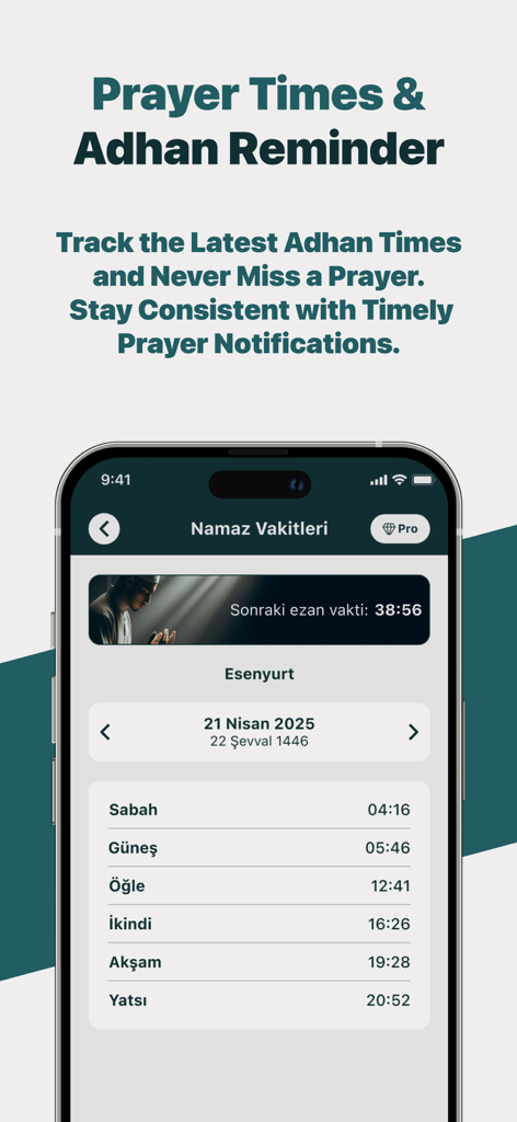 AI Quran Reader Athkar Tarteel - Pantalla móvil que muestra los horarios diarios de oración y las notificaciones de Adhan