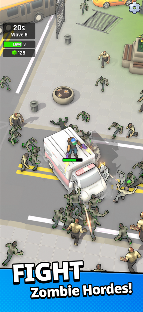A survivor character on top of a van shooting at a massive horde of zombies in a city setting.